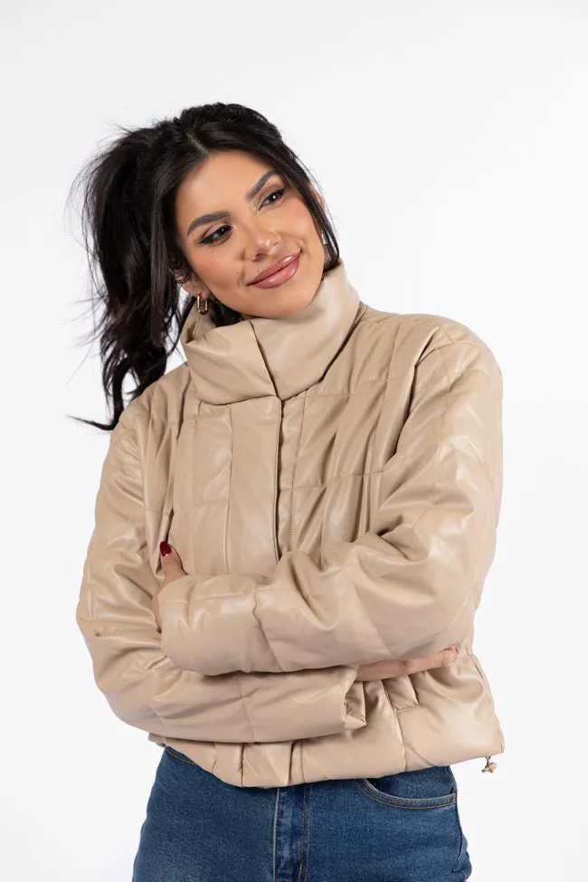 Things Take Time Khaki Faux Leather Puffer Jacket