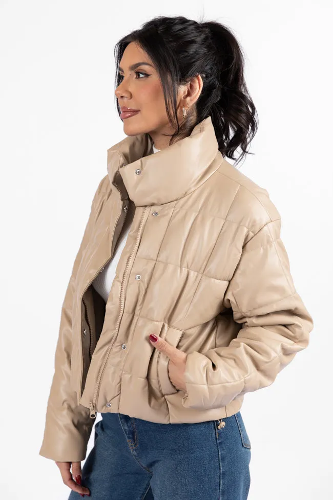 Things Take Time Khaki Faux Leather Puffer Jacket