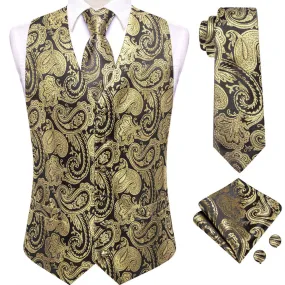 Ties2you BLack Gold Paisley V-Neck Silk Vest Necktie Set