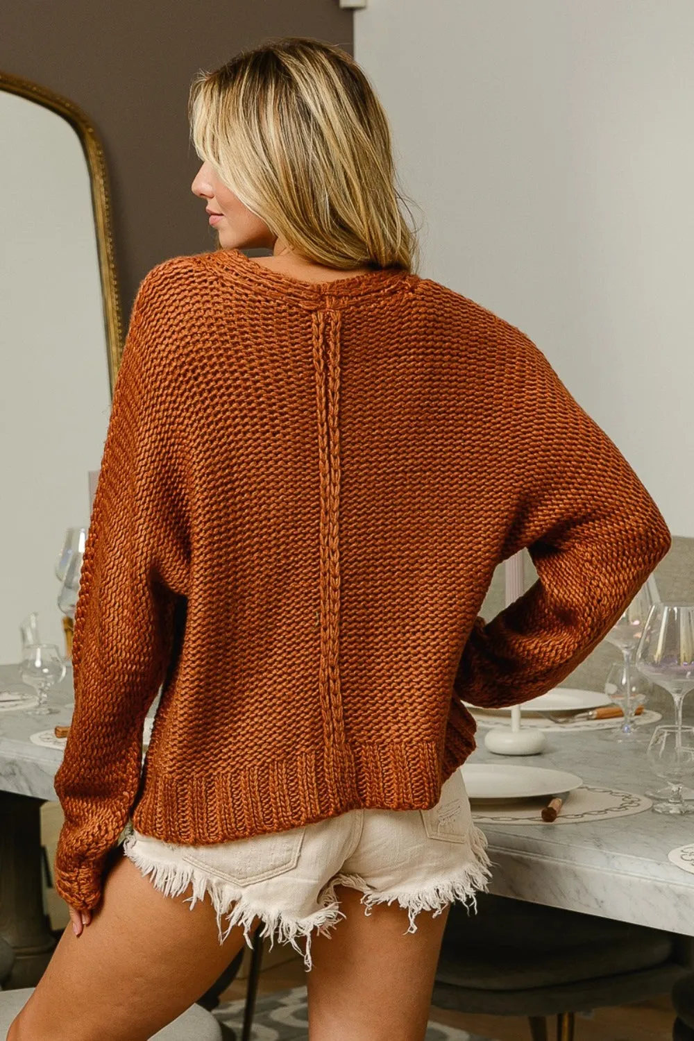 V-Neck Cable Knit Sweater - Cinnamon