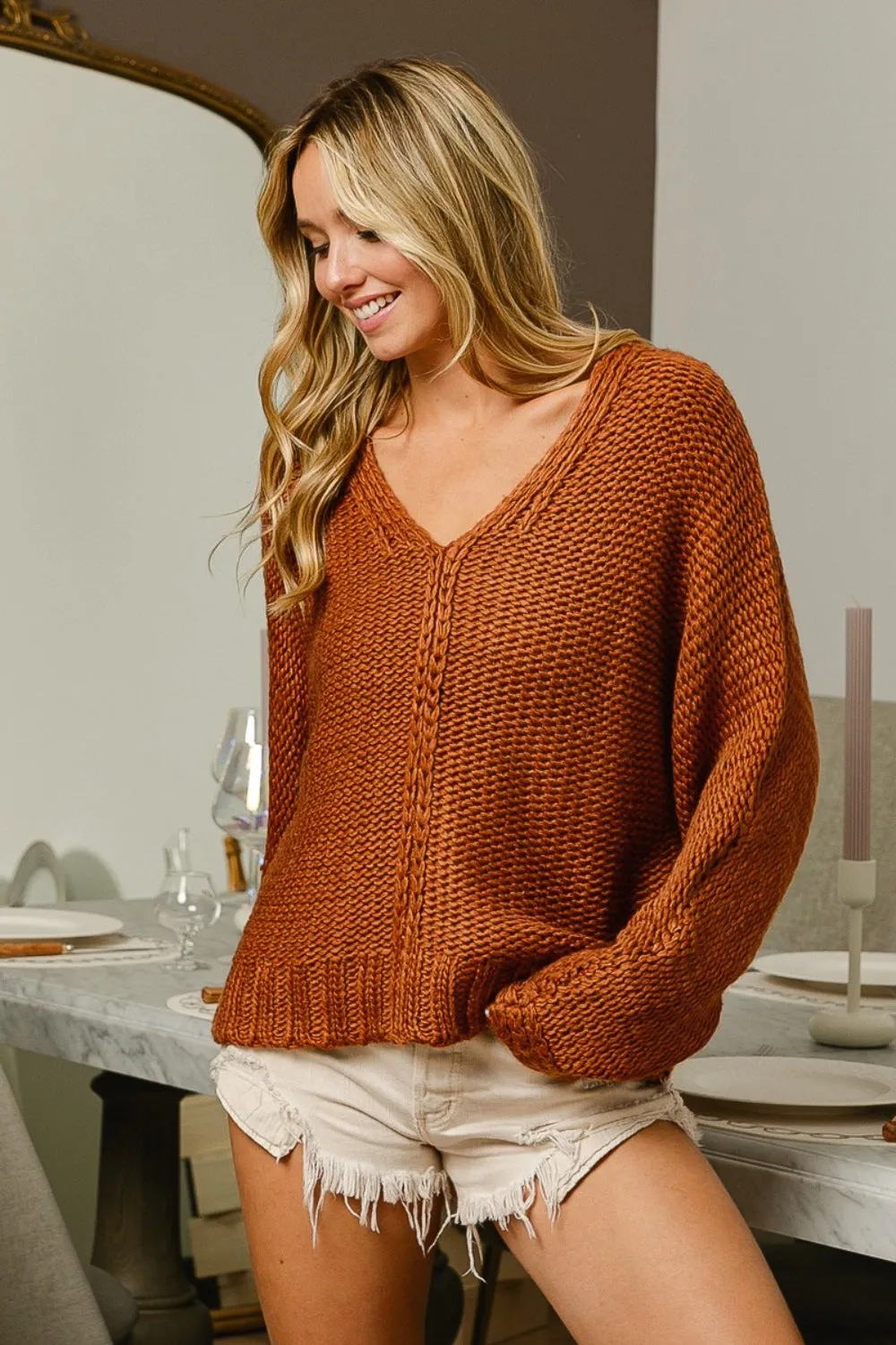 V-Neck Cable Knit Sweater - Cinnamon