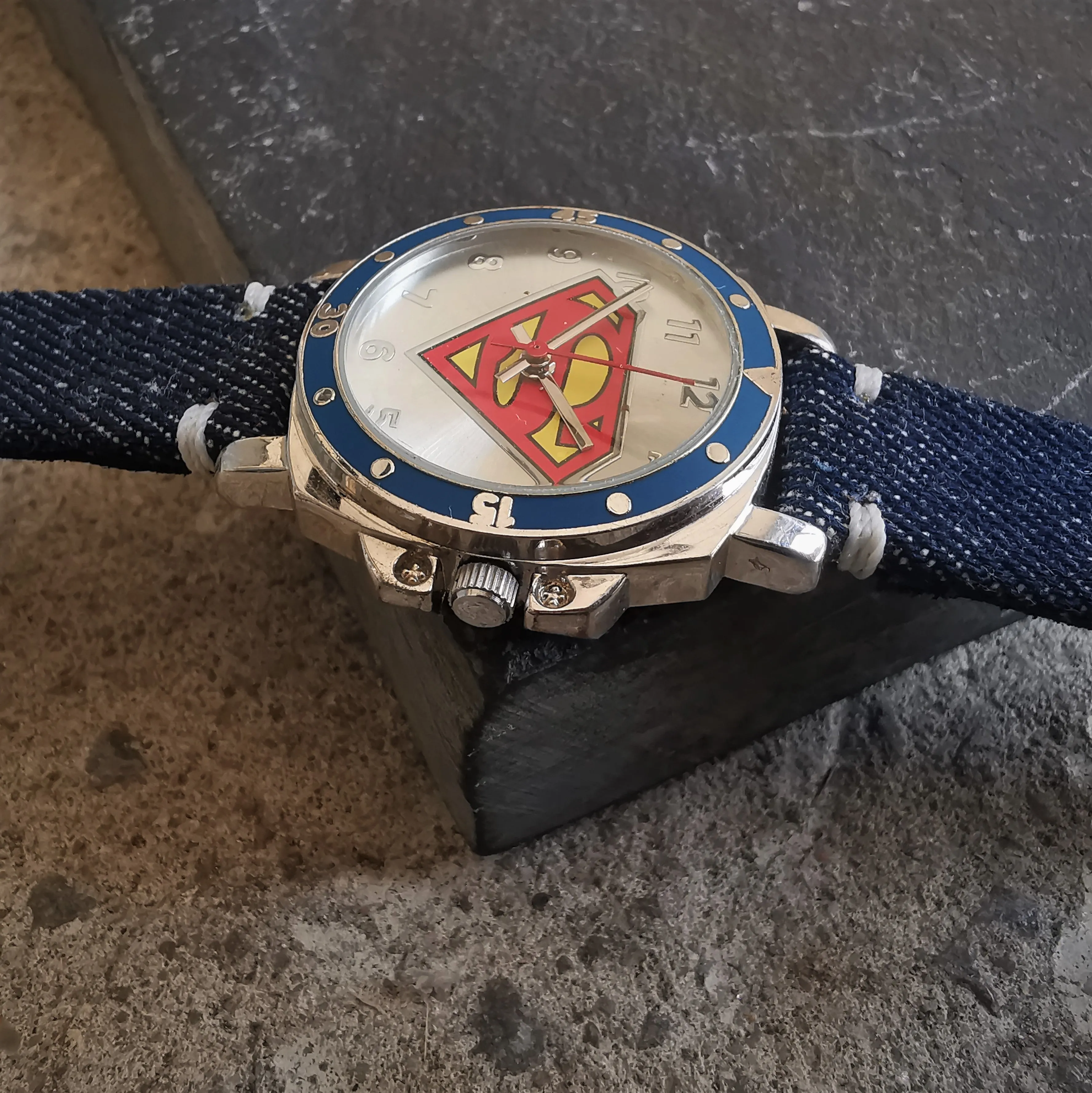 Vintage Men's Chrome Plated Quartz Watch // Superman's S insignia Watch Face Design // Italian Vintage Denim Jeans Leather Watch Strap