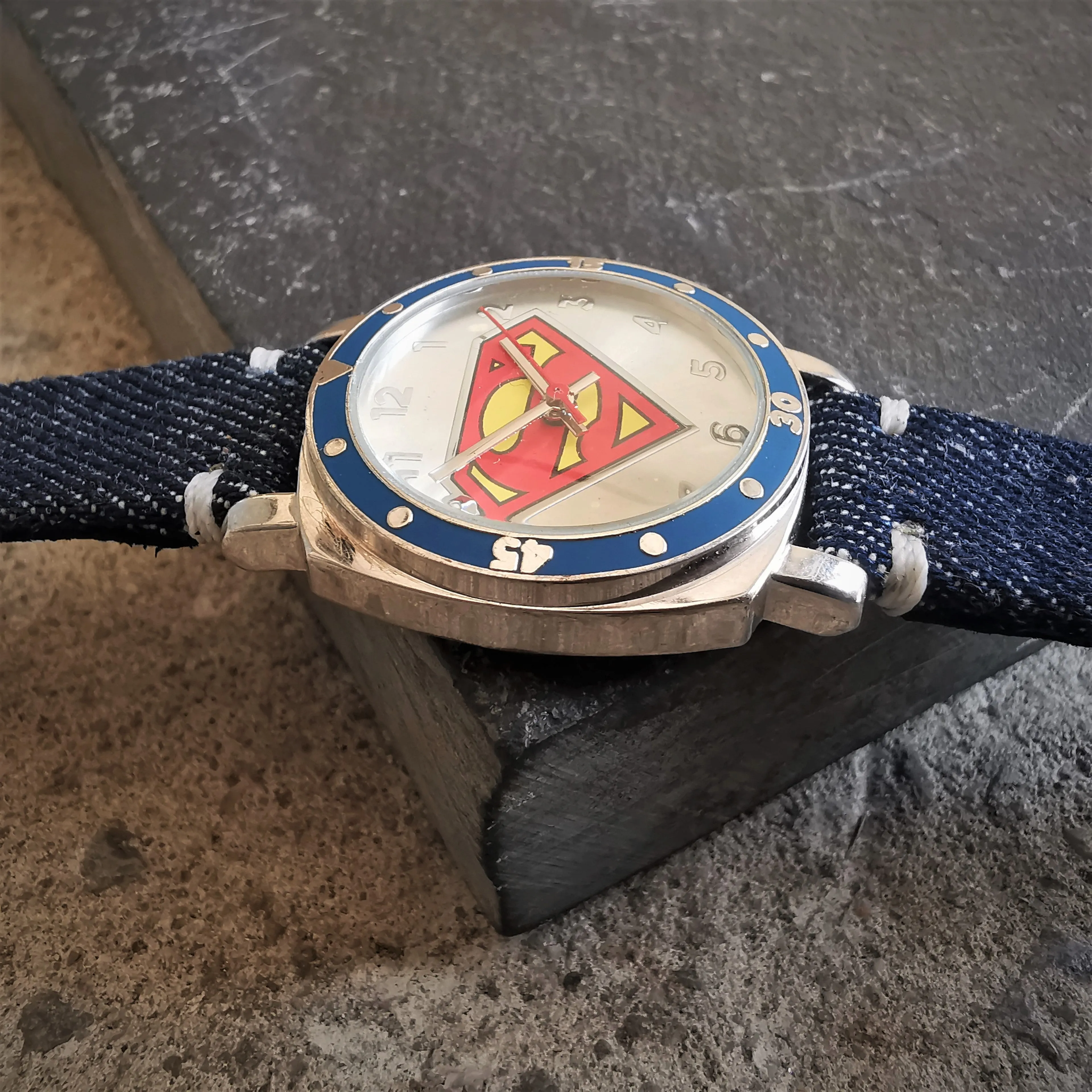 Vintage Men's Chrome Plated Quartz Watch // Superman's S insignia Watch Face Design // Italian Vintage Denim Jeans Leather Watch Strap