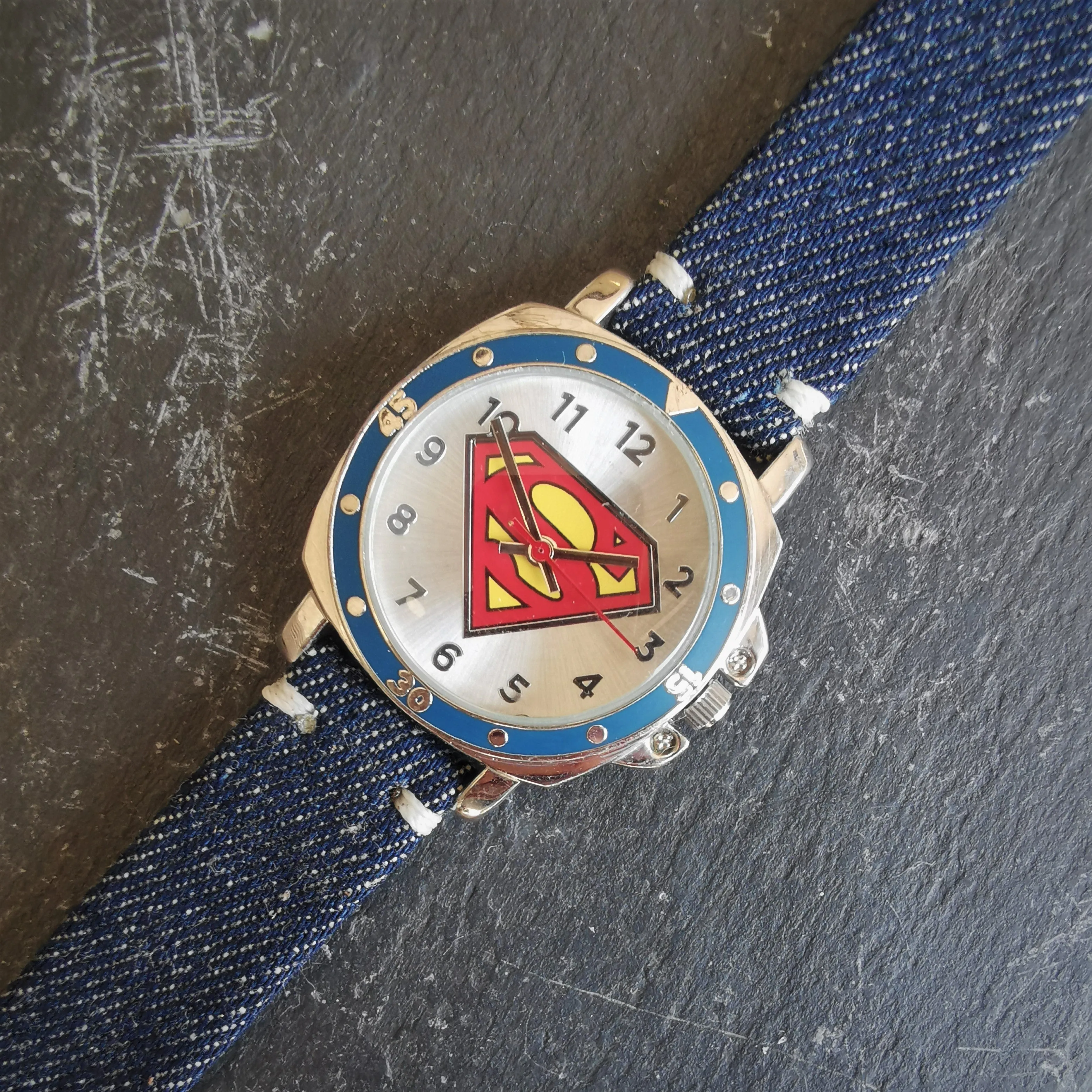 Vintage Men's Chrome Plated Quartz Watch // Superman's S insignia Watch Face Design // Italian Vintage Denim Jeans Leather Watch Strap