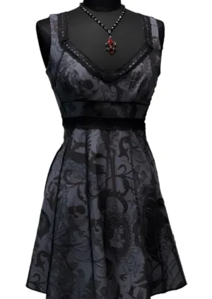 VINTAGE STYLE COCKTAIL DRESS - GOTHIC TATTOO PRINT - GREY