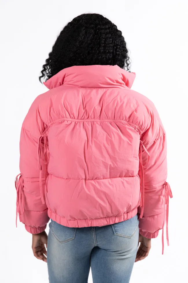 Where You'll Find Me Pink Bow Sleeve Puffer Jacket