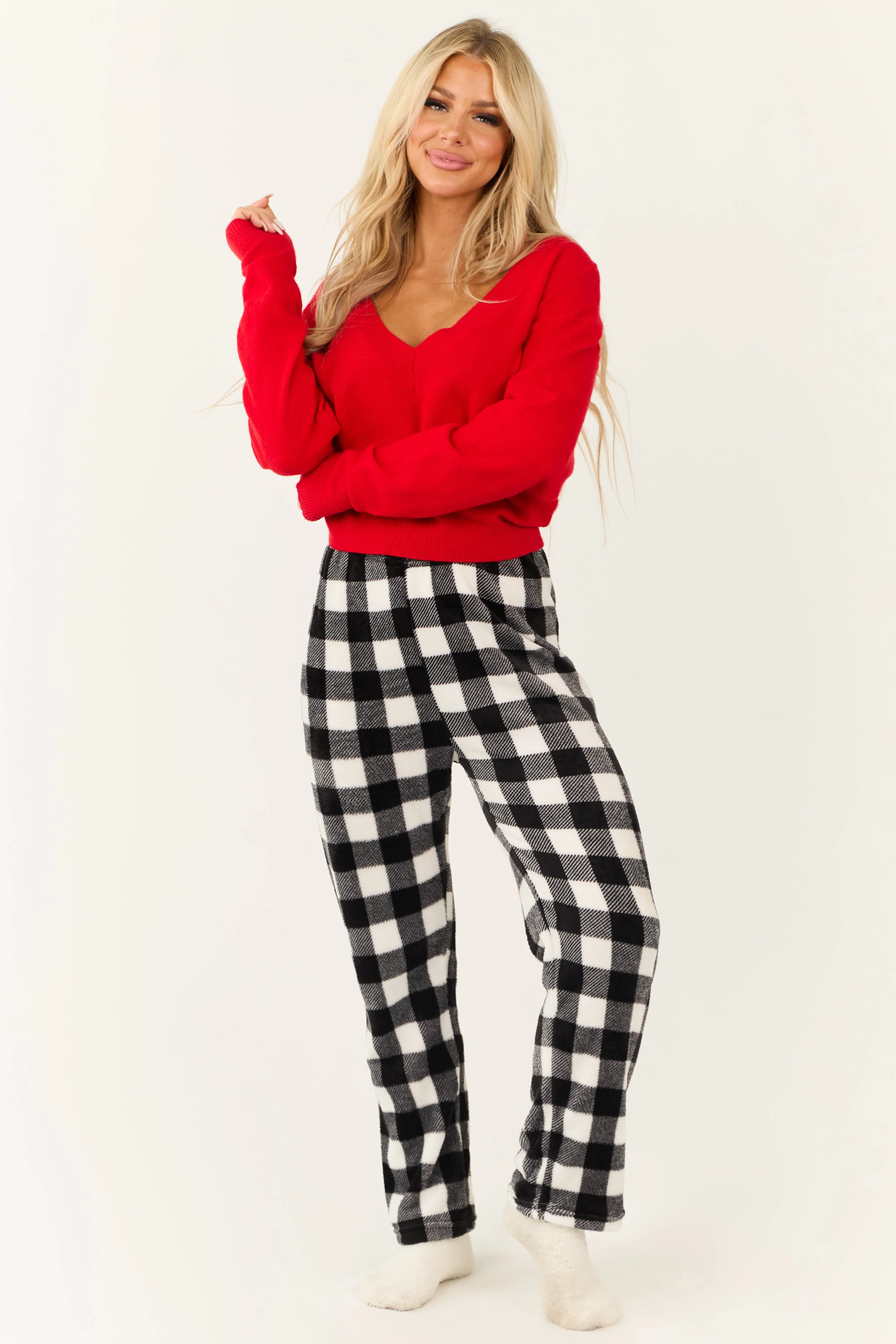 White and Black Buffalo Plaid Fleece Pajama Pants