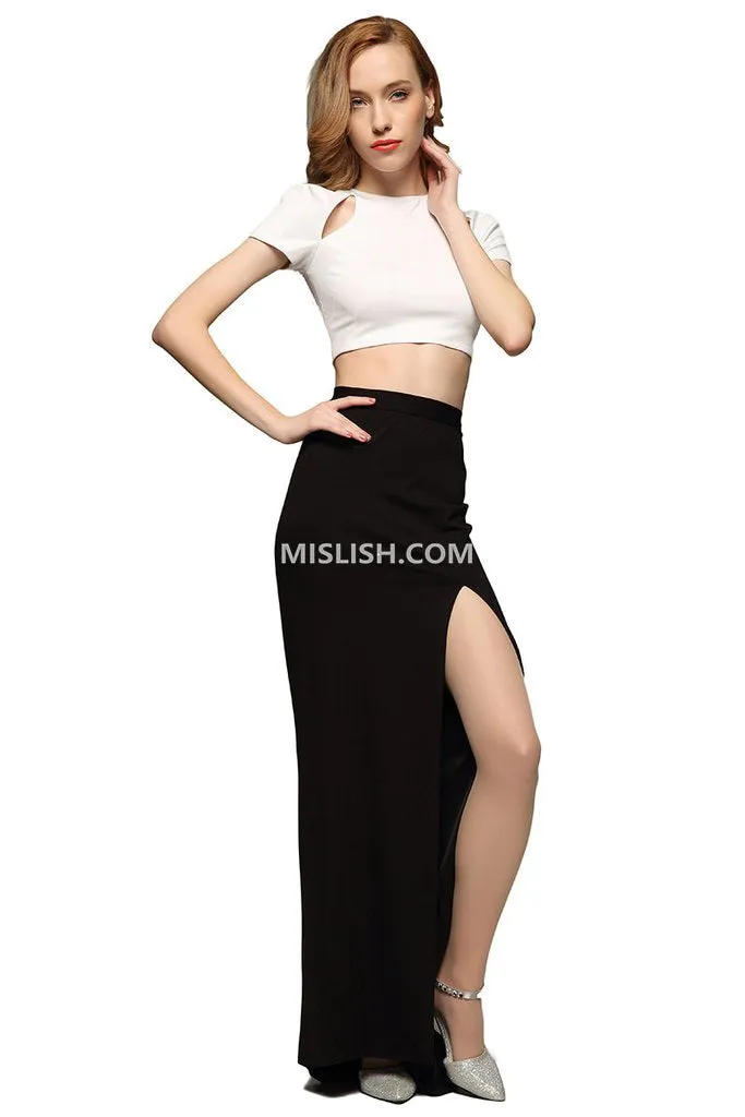 White And Black Thigh-high Slit Two Piece Sets