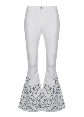 White High Waist Bell Bottom Flare Jeans with Star Embroidery