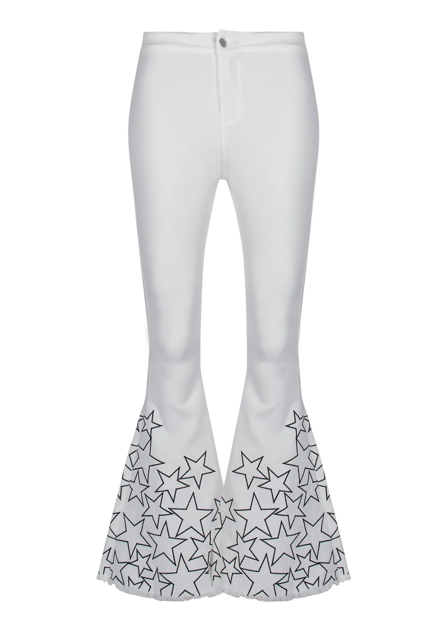 White High Waist Bell Bottom Flare Jeans with Star Embroidery