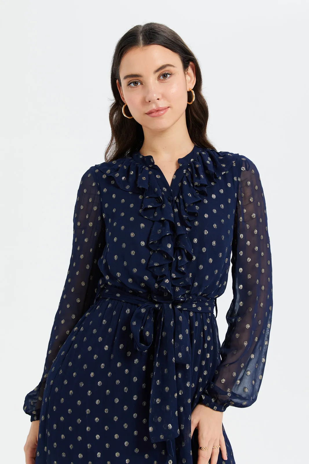 Women Navy Ruffle Detailed Jacquard Dress