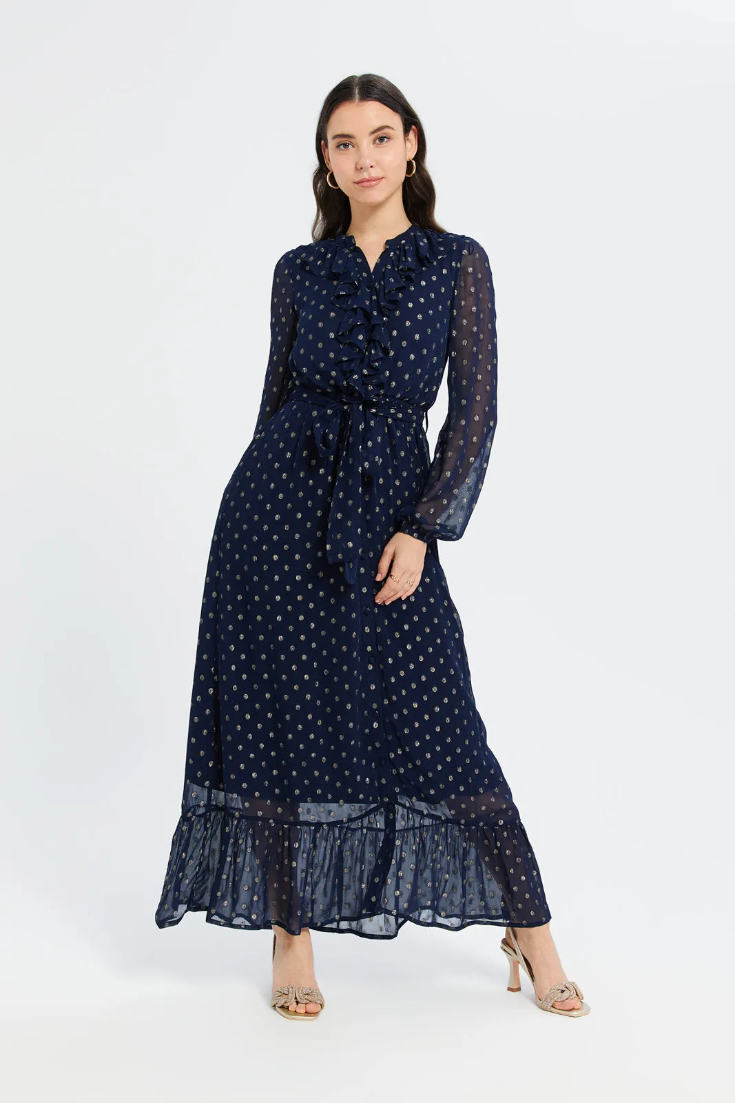 Women Navy Ruffle Detailed Jacquard Dress