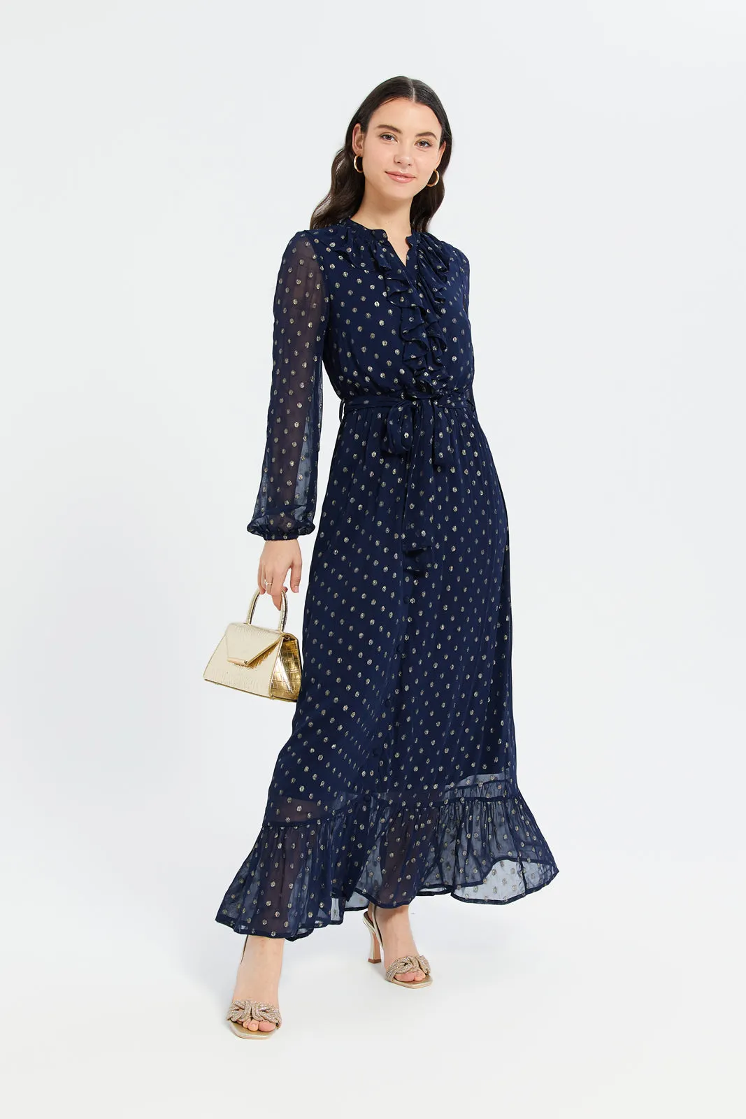 Women Navy Ruffle Detailed Jacquard Dress