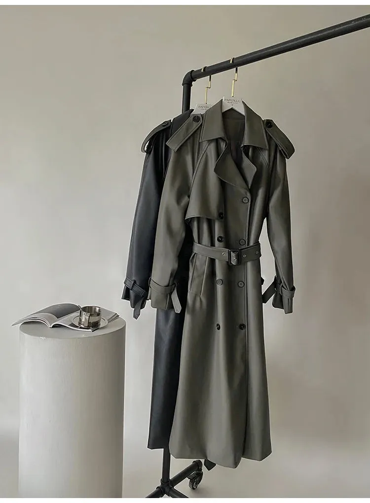 Women's Belted Faux Leather Trench Coat