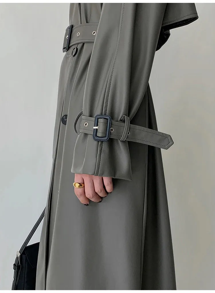 Women's Belted Faux Leather Trench Coat