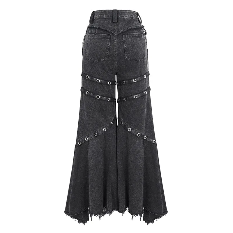 Women's Punk Mesh Eyelets Ruffled Flared Pants