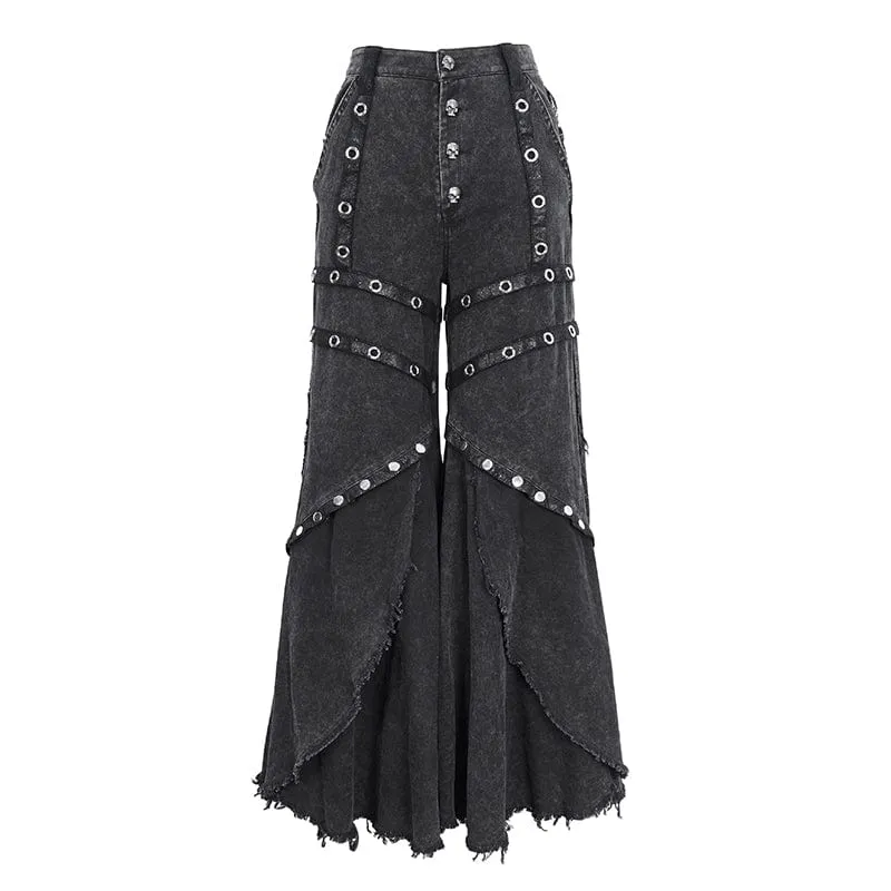 Women's Punk Mesh Eyelets Ruffled Flared Pants