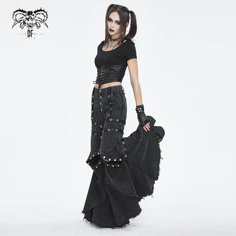 Women's Punk Mesh Eyelets Ruffled Flared Pants