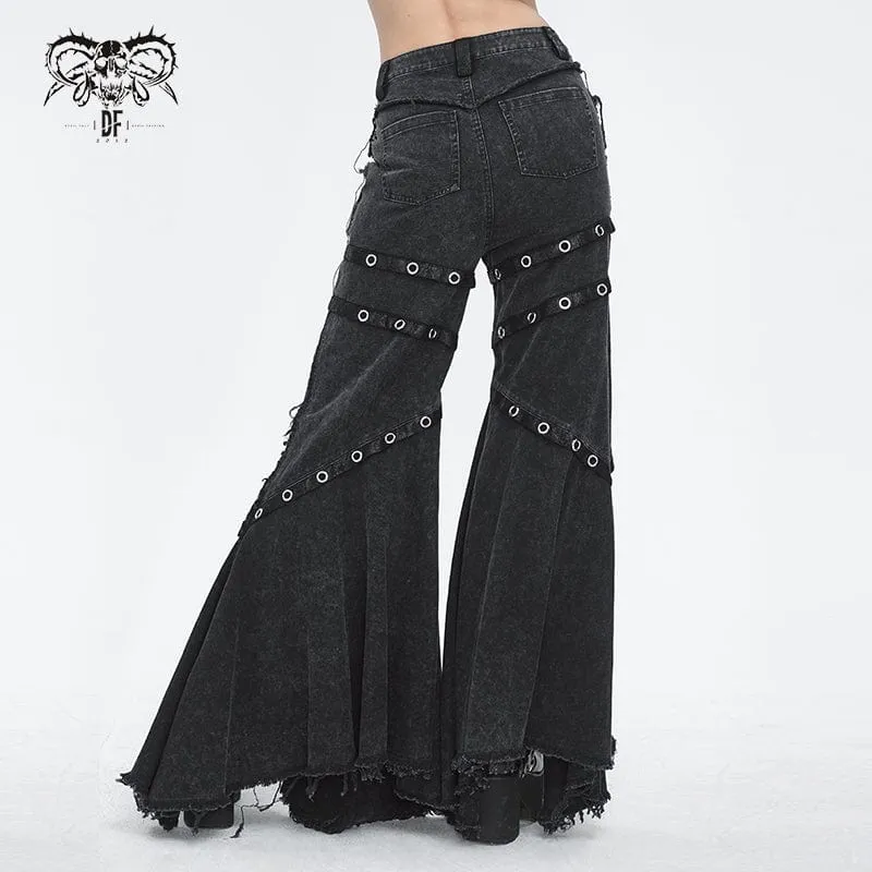 Women's Punk Mesh Eyelets Ruffled Flared Pants