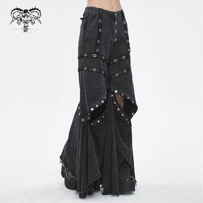 Women's Punk Mesh Eyelets Ruffled Flared Pants