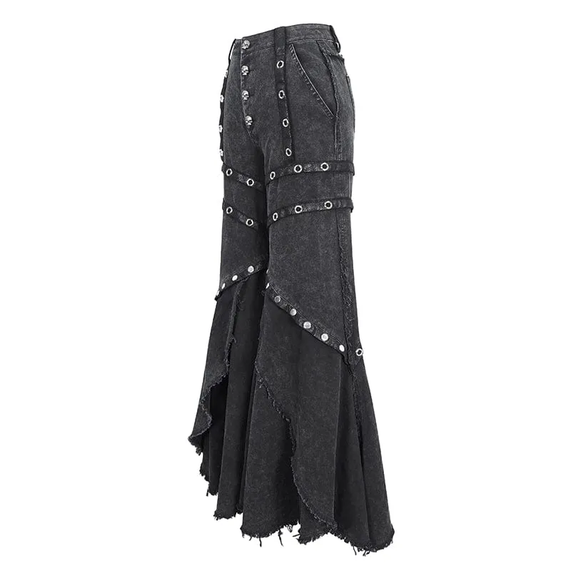 Women's Punk Mesh Eyelets Ruffled Flared Pants