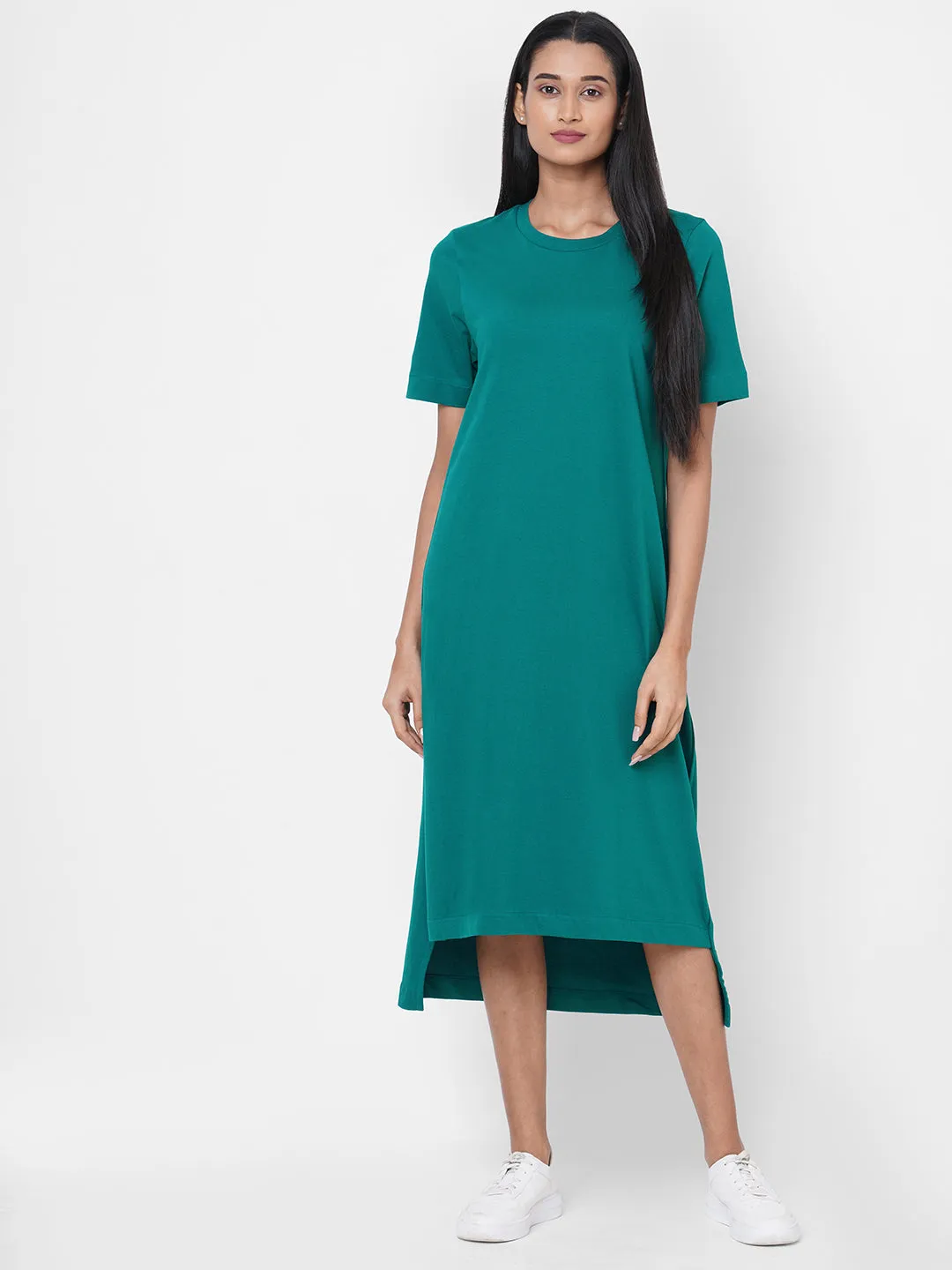 Women's Teal Cotton Regular Fit Knit Dress