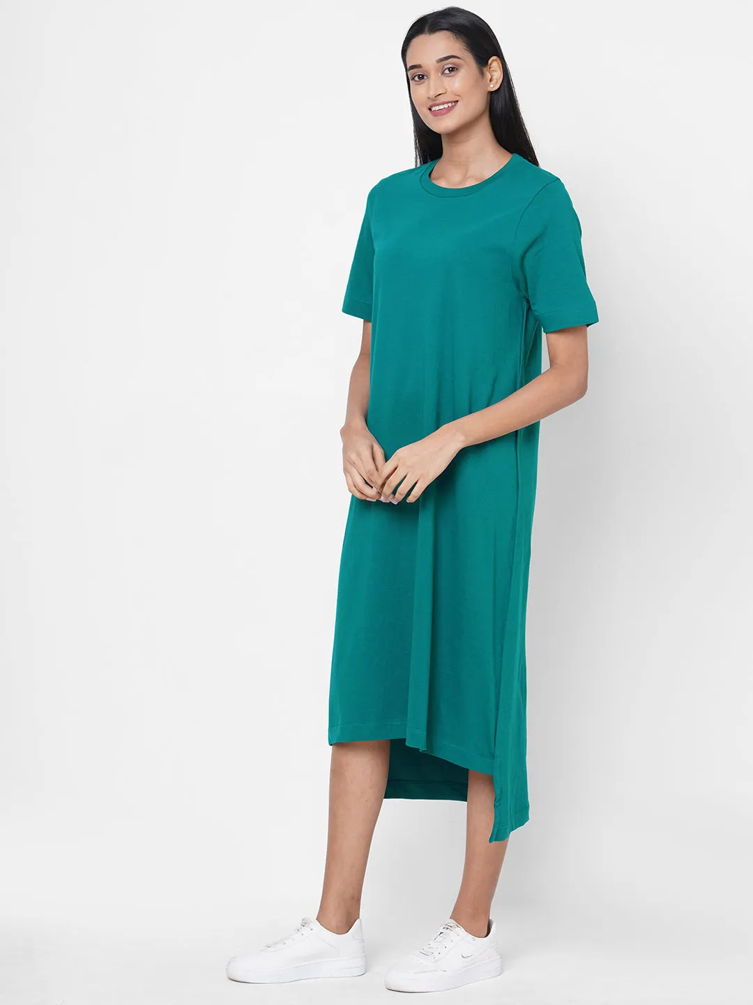 Women's Teal Cotton Regular Fit Knit Dress