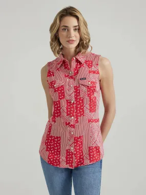 WOMEN'S WRANGLER RETRO® SLEEVELESS PRINT WESTERN SNAP TOP IN CHERRY RED